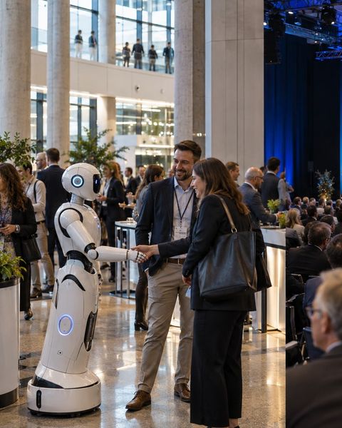 Ilustrační snímek: Humanoidní robot vítá účastníky konference před zaplněným sálem
