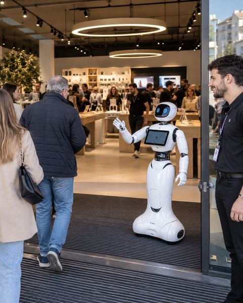 Ilustrační snímek: Robot vítá první zákazníky při otevření nové prodejny
