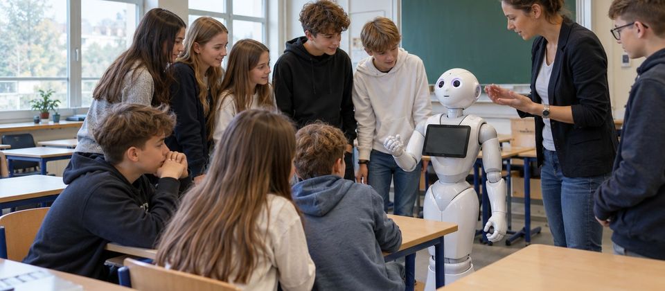 Ilustrační snímek: Žáci ve třídě obklopují robota během hodiny robotiky