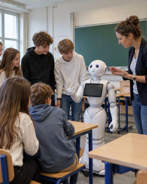 Ilustrační snímek: Žáci ve třídě obklopují robota během hodiny robotiky
