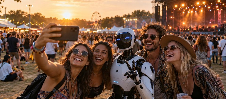 Ilustrační snímek: Návštěvnice festivalu si dělají selfie s humanoidním robotem