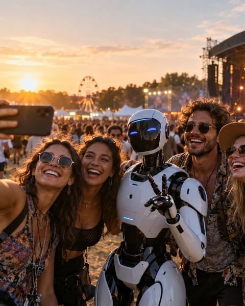Ilustrační snímek: Návštěvnice festivalu si dělají selfie s humanoidním robotem
