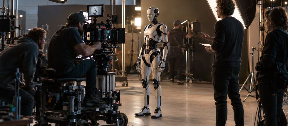 Ilustrační snímek: Humanoidní robot ve filmovém studiu před kamerou při natáčení reklamy