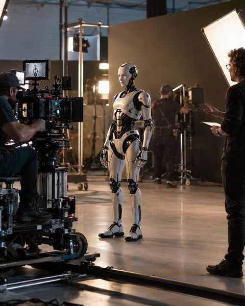 Ilustrační snímek: Humanoidní robot ve filmovém studiu před kamerou při natáčení reklamy