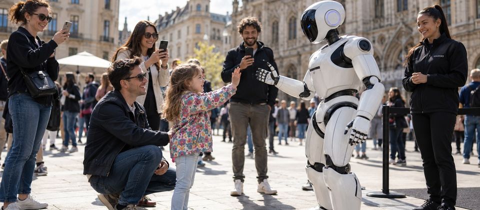 Ilustrační snímek: Robot na náměstí podává ruku dítěti při marketingové akci