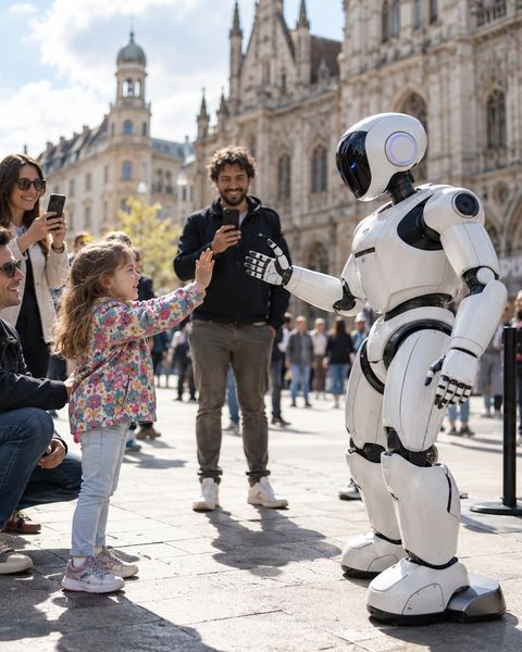 Ilustrační snímek: Robot na náměstí podává ruku dítěti při marketingové akci