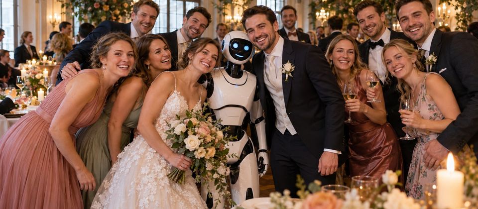 Ilustrační snímek: Svatební hosté se fotí s humanoidním robotem