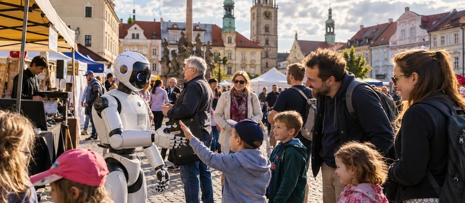 Ilustrační snímek: Humanoidní robot mezi dětmi a rodiči na městské slavnosti na náměstí