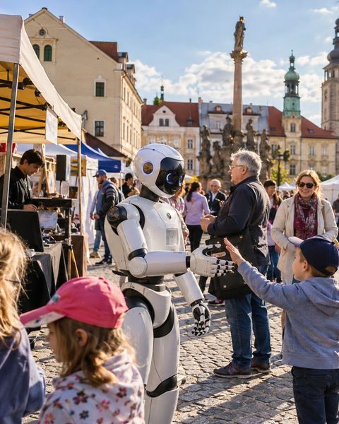 Ilustrační snímek: Humanoidní robot mezi dětmi a rodiči na městské slavnosti na náměstí