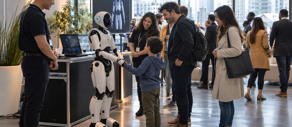 Ilustrační snímek: Robot na zastávce roadshow, děti a dospělí si ho prohlížejí