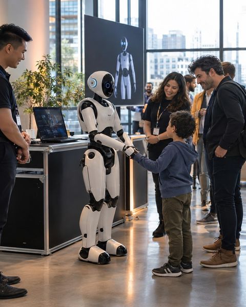 Ilustrační snímek: Robot na zastávce roadshow, děti a dospělí si ho prohlížejí