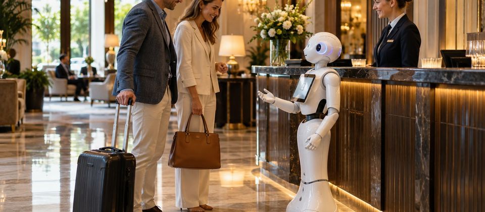 Ilustrační snímek: Robot vítá hosty na recepci hotelu