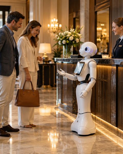 Ilustrační snímek: Robot vítá hosty na recepci hotelu