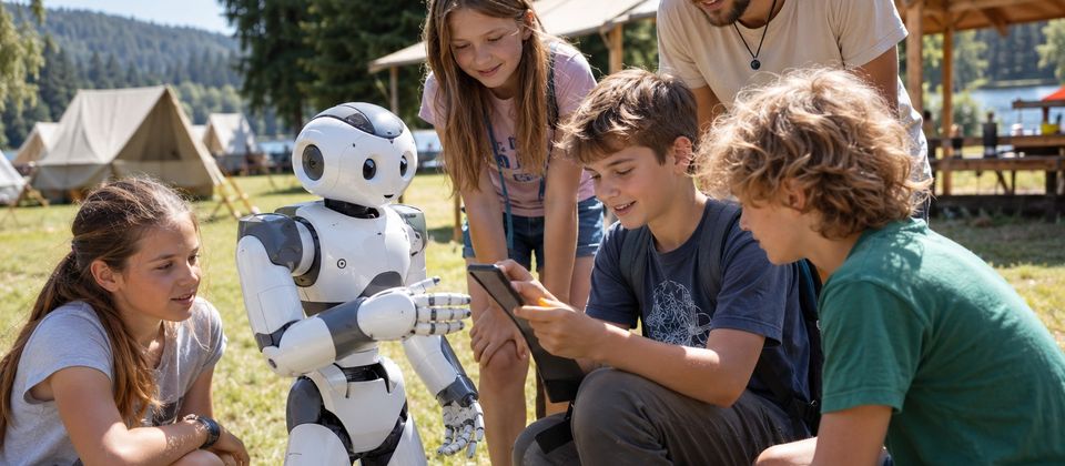 Ilustrační snímek: Děti a vedoucí na letním táboře si prohlížejí humanoidního robota a tablet