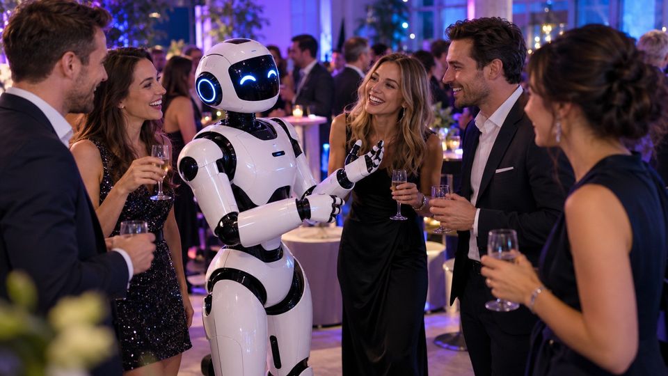 Ilustrační snímek: Humanoidní robot mezi hosty firemního večírku