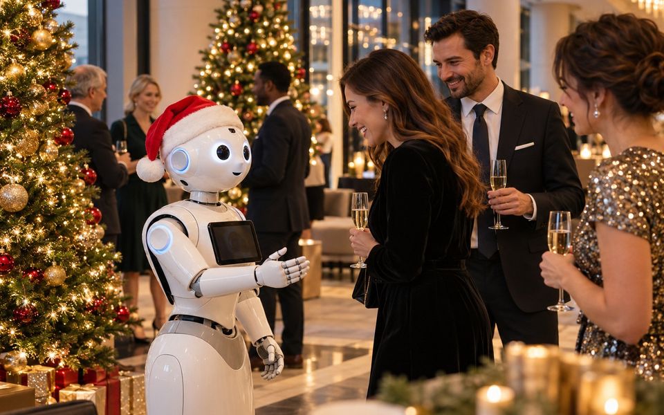 Ilustrační snímek: Robot s mikulášskou čepicí mezi hosty vánočního večírku