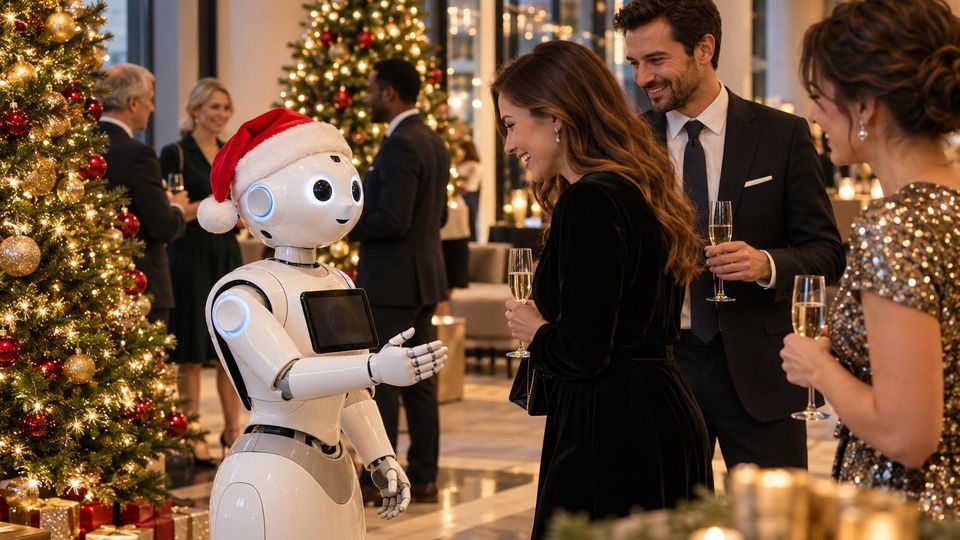 Ilustrační snímek: Robot s mikulášskou čepicí mezi hosty vánočního večírku
