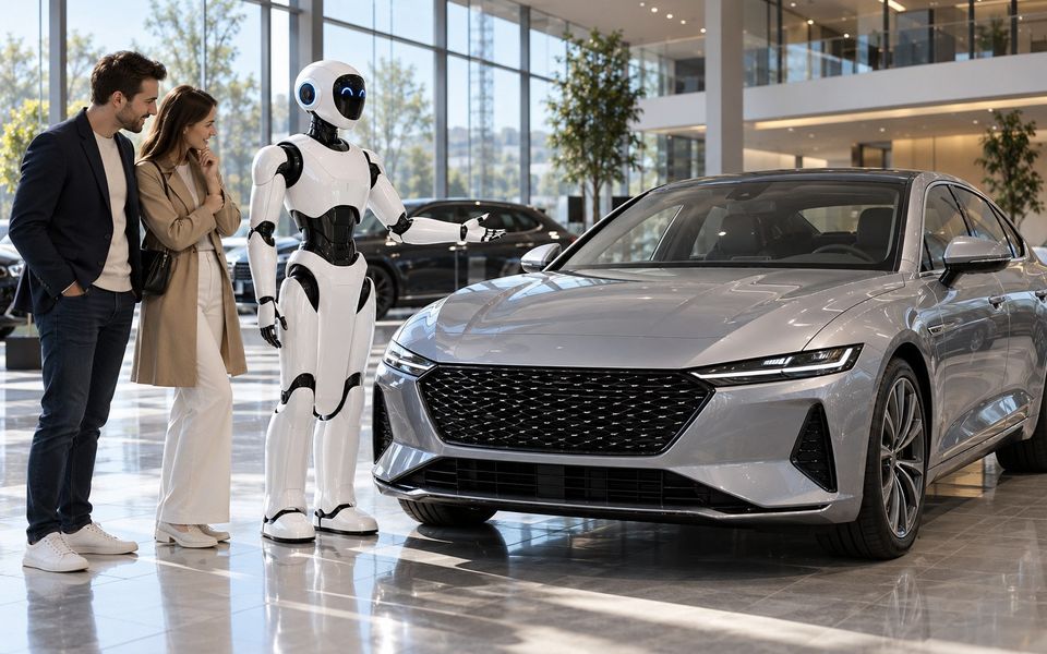 Ilustrační snímek: Humanoidní robot vedle nového vozu v autosalonu