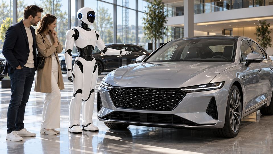 Ilustrační snímek: Humanoidní robot vedle nového vozu v autosalonu