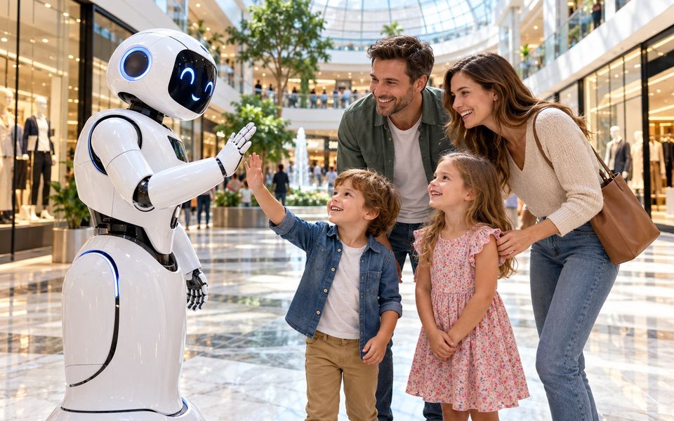 Ilustrační snímek: Robot zdraví rodinu s dětmi v nákupním centru