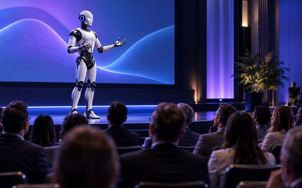 Ilustrační snímek: Humanoidní robot na pódiu konference před publikem