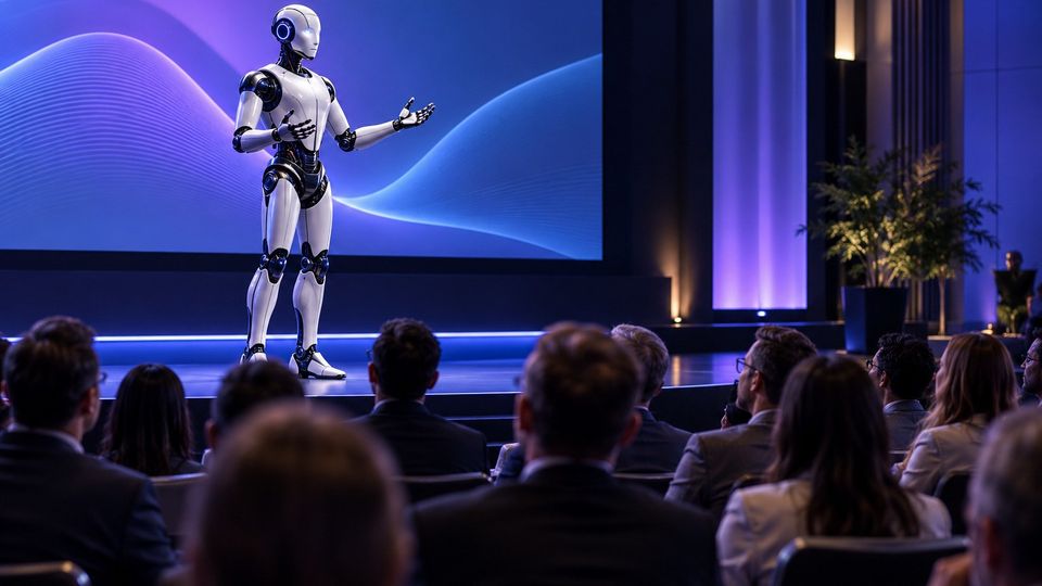 Ilustrační snímek: Humanoidní robot na pódiu konference před publikem