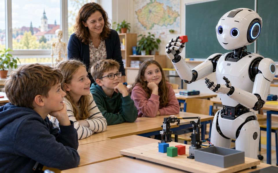 Ilustrační snímek: Robot ve třídě se žáky při hodině robotiky