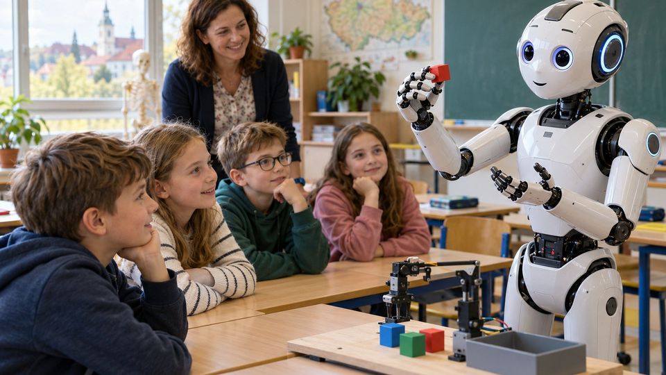 Ilustrační snímek: Robot ve třídě se žáky při hodině robotiky