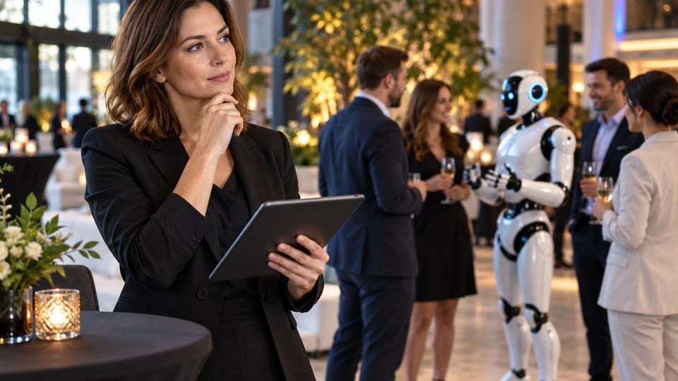Ilustrační snímek: Pořadatelka s tabletem zvažuje robota na svou akci