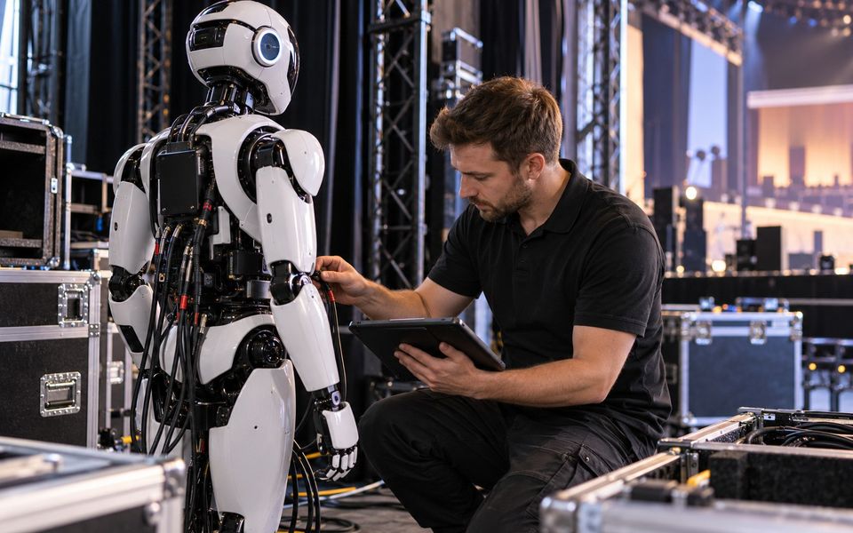 Ilustrační snímek: Technik kontroluje humanoidního robota před akcí