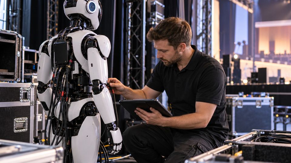 Ilustrační snímek: Technik kontroluje humanoidního robota před akcí