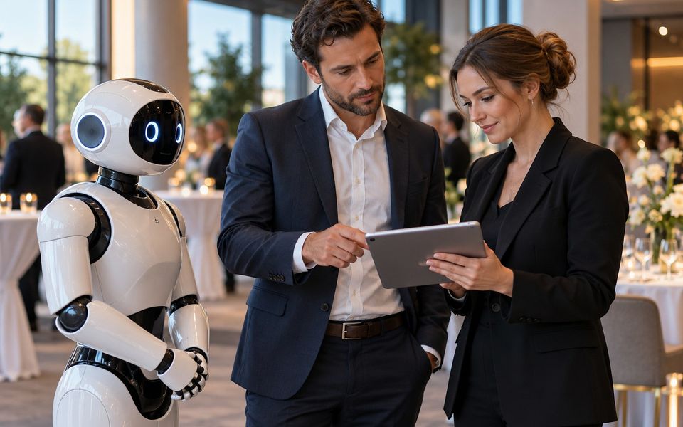Ilustrační snímek: Klienti procházejí nabídku na tabletu vedle robota