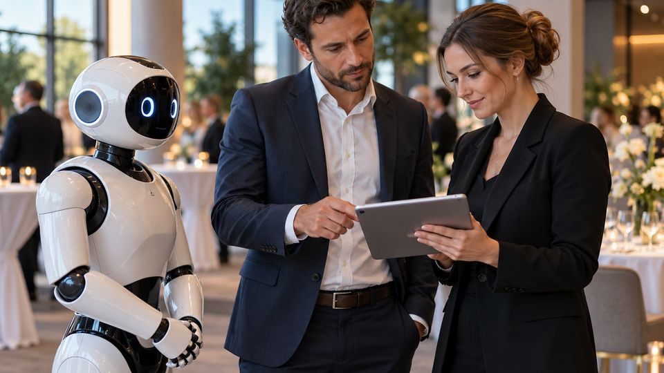 Ilustrační snímek: Klienti procházejí nabídku na tabletu vedle robota