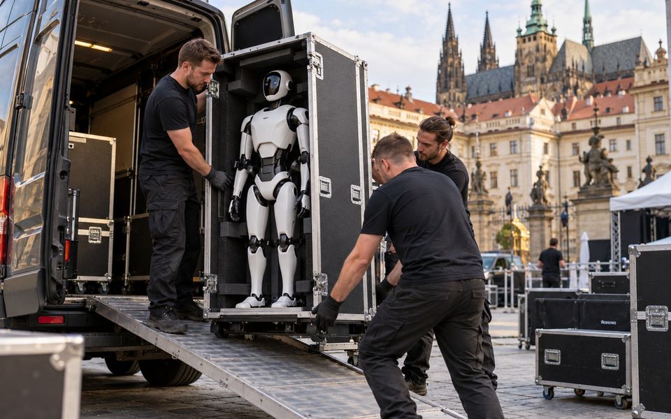 Ilustrační snímek: Nakládání robota v přepravním kufru do dodávky