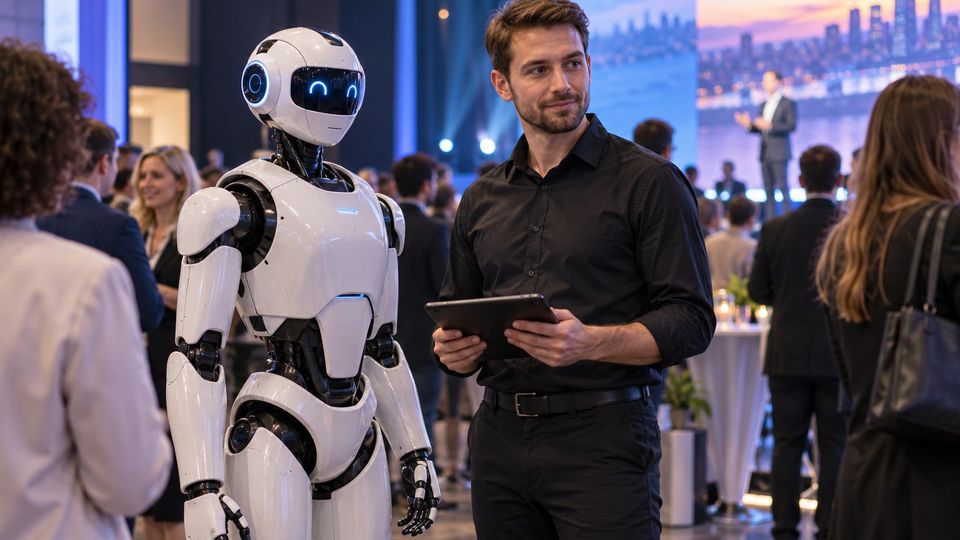 Ilustrační snímek: Operátor s tabletem doprovází humanoidního robota mezi hosty