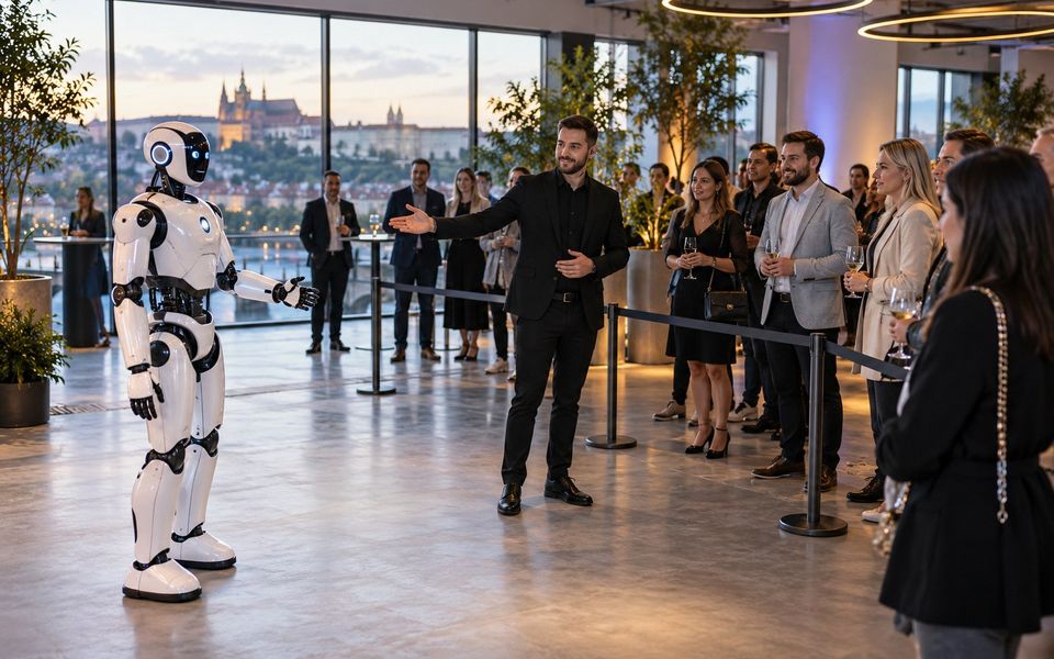 Ilustrační snímek: Robot za vymezenou zónou, operátor vysvětluje hostům pravidla