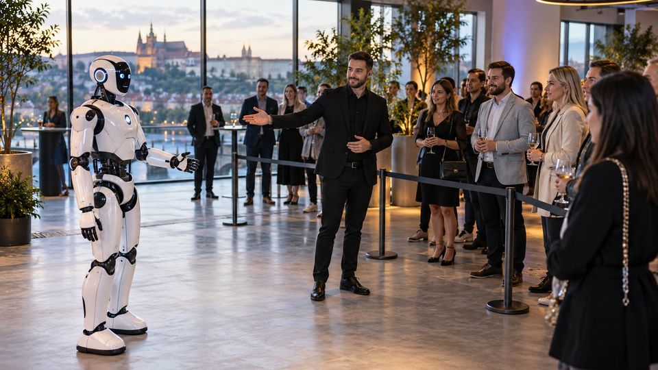 Ilustrační snímek: Robot za vymezenou zónou, operátor vysvětluje hostům pravidla
