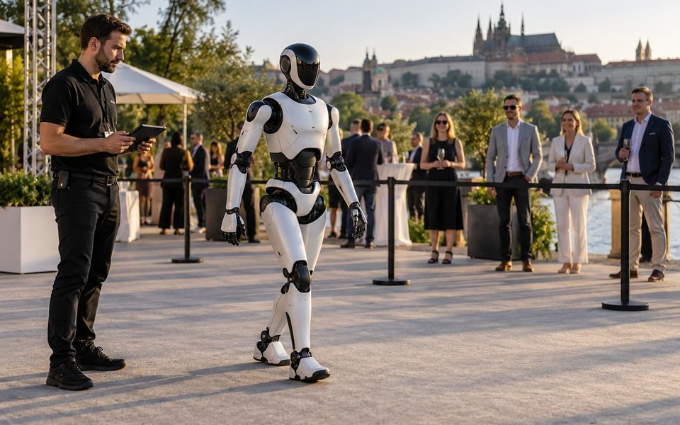 Ilustrační snímek: Operátor s tabletem dohlíží na robota na venkovní akci