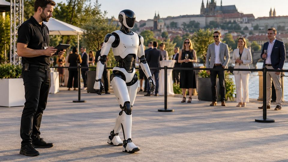Ilustrační snímek: Operátor s tabletem dohlíží na robota na venkovní akci