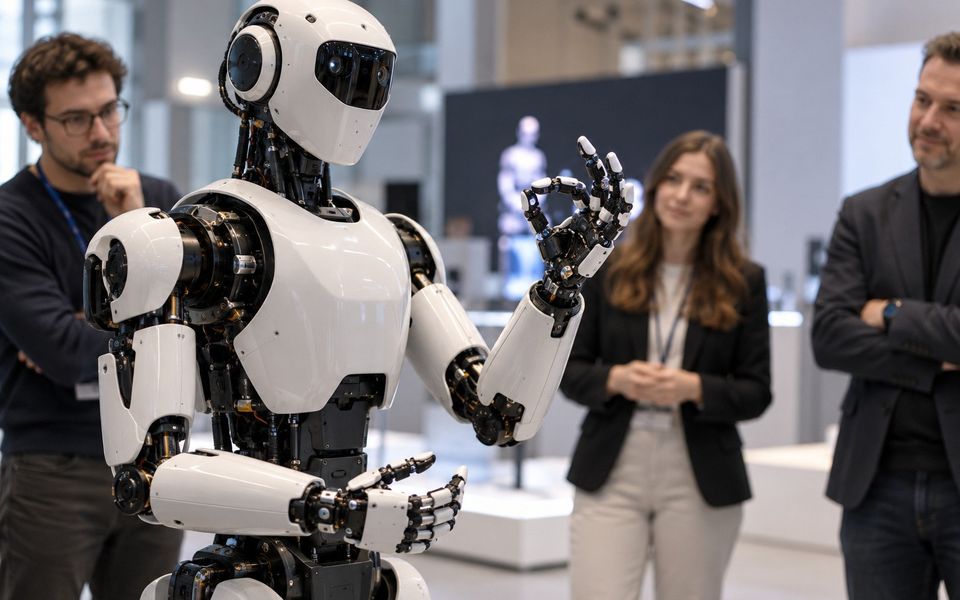 Ilustrační snímek: Humanoidní robot mává hostům na výstavě technologií
