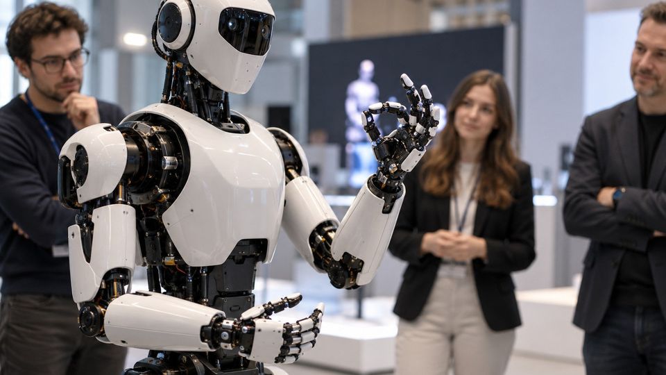 Ilustrační snímek: Humanoidní robot mává hostům na výstavě technologií