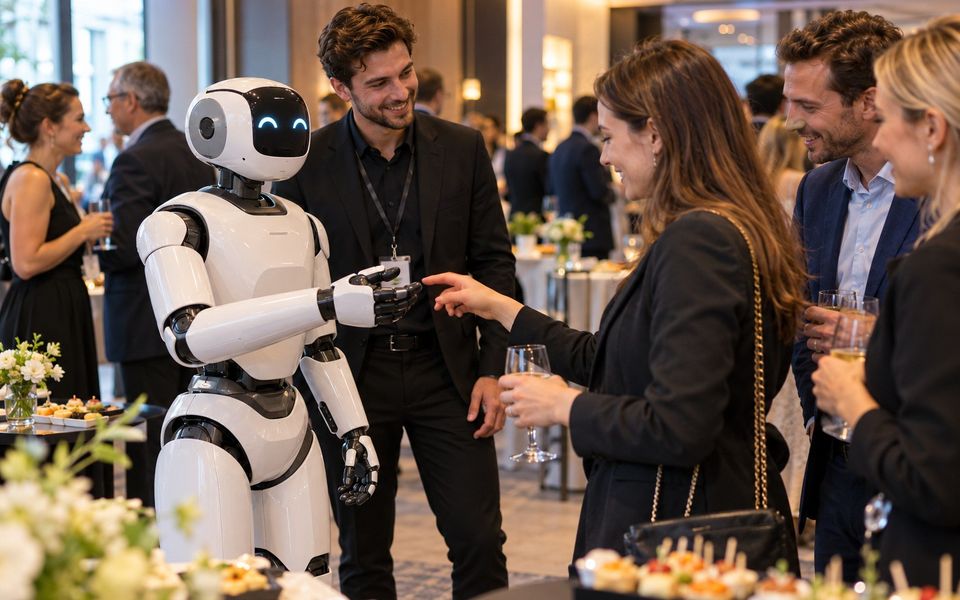 Ilustrační snímek: Robot podává hostovi drobnost na recepci