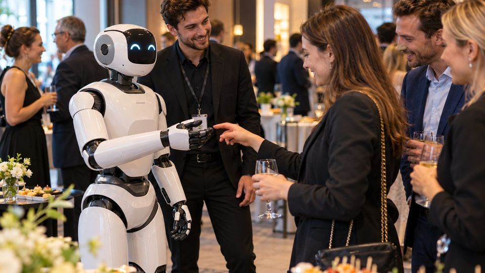 Ilustrační snímek: Robot podává hostovi drobnost na recepci