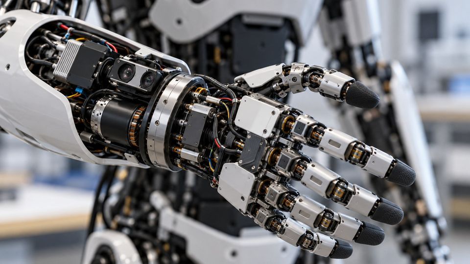 Ilustrační snímek: Detail robotické ruky s motory a kabeláží