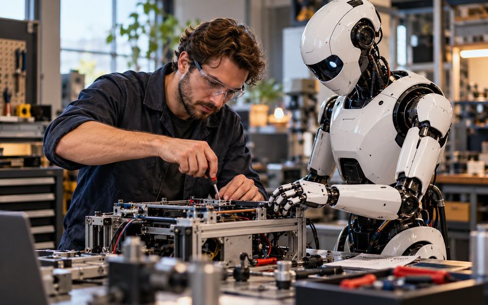 Ilustrační snímek: Technik ladí humanoidního robota v dílně