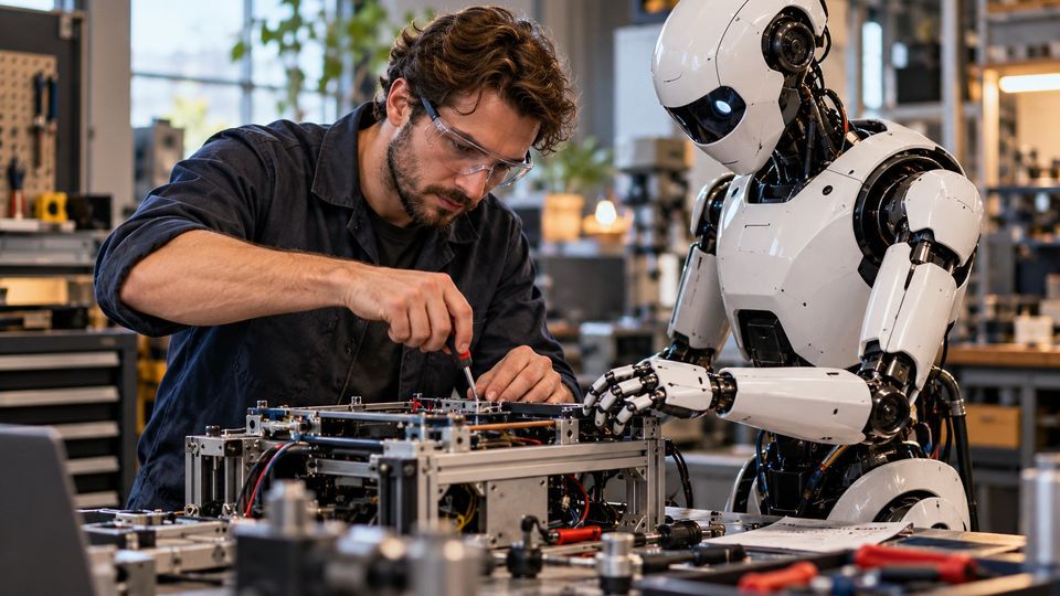 Ilustrační snímek: Technik ladí humanoidního robota v dílně