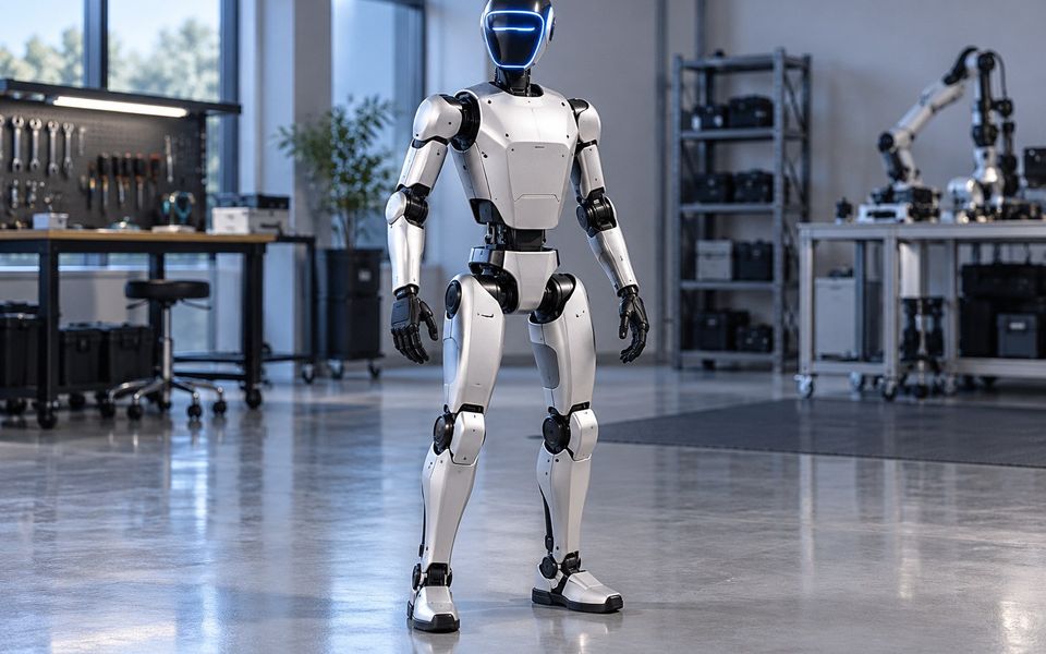 Ilustrační snímek: Humanoidní robot stojící v robotické laboratoři
