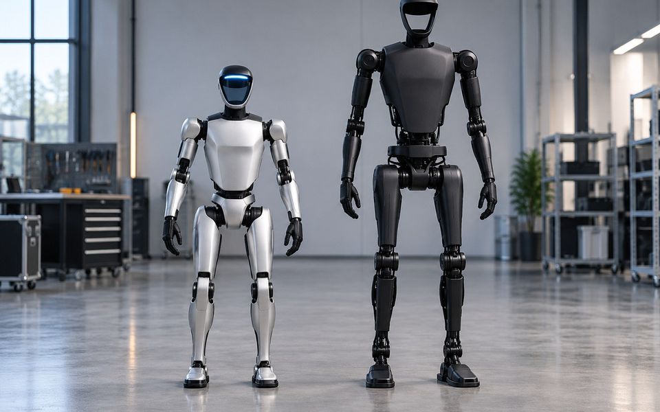 Ilustrační snímek: Dva humanoidní roboti různé velikosti vedle sebe