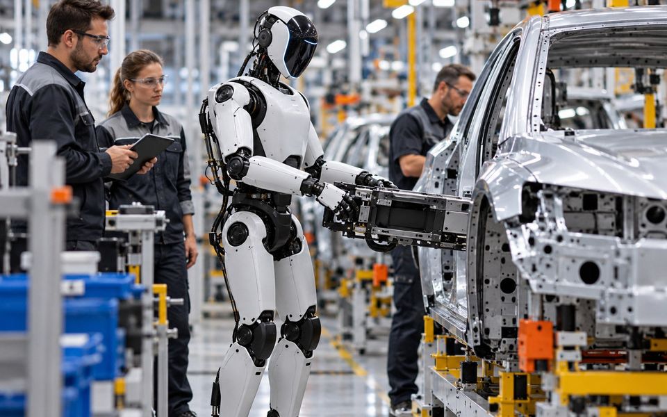 Ilustrační snímek: Humanoidní robot pracuje u karoserie v automobilce