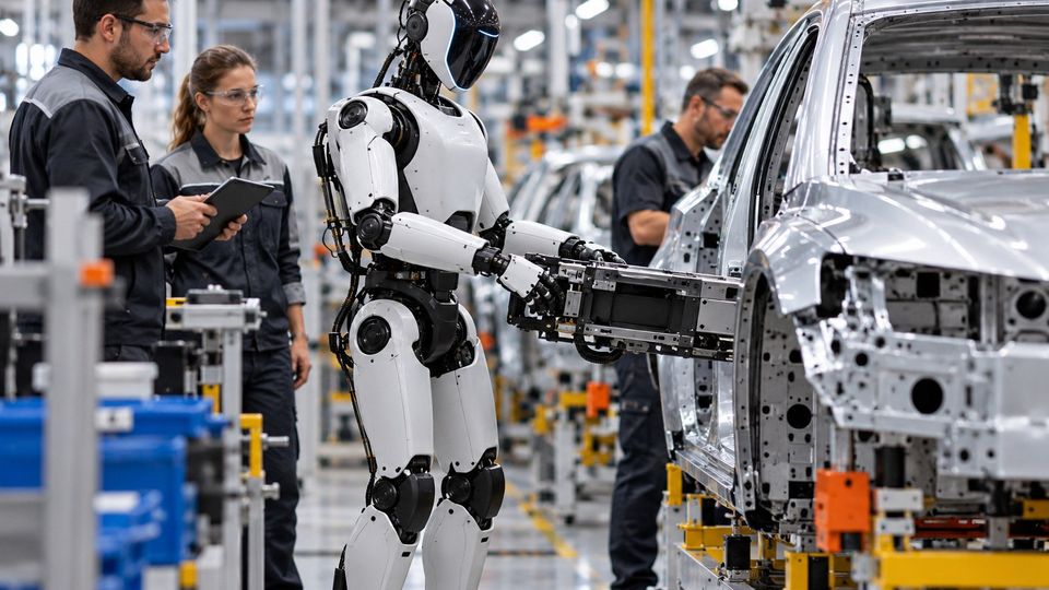 Ilustrační snímek: Humanoidní robot pracuje u karoserie v automobilce